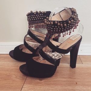 House of Harlow 1960 Bohemian Ankle Chain Strap Heels Womens Size 8